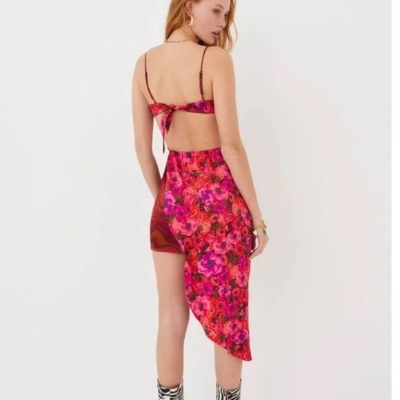 NWT For Love & Lemons Rita Midi Dress Funky Floral Asymmetrical Sz SMALL Cut Out - Picture 2 of 11